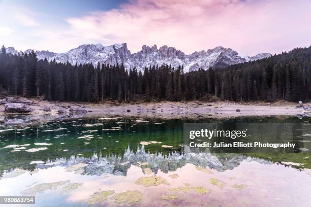 lago di carezza and the latemar mountain range, italy. - gebirgskette latemar stock-fotos und bilder