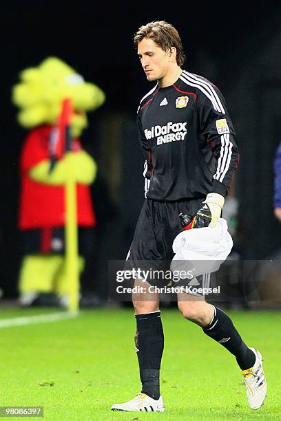 Goalkeeper Rene Adler of Leverkusen looks dejected during the Bundesliga match between Bayer Leverkusen and FC Schalke 04 at the BayArena on March...