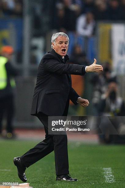 Claudio Ranieri the coach of AS Roma shouts during the Serie A match between AS Roma and FC Internazionale Milano at Stadio Olimpico on March 27,...