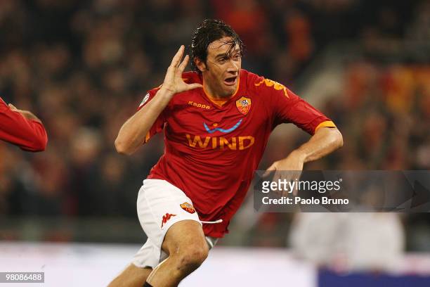 Luca Toni of AS Roma celebrates after scoring the second goal during the Serie A match between AS Roma and FC Internazionale Milano at Stadio...