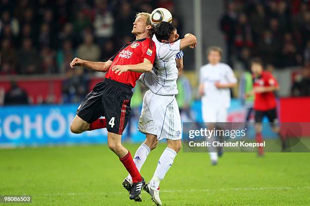 Sami Hyypiae of Leverkusen and Kevin Kuranyi of Schalke jump for a header during the Bundesliga match between Bayer Leverkusen and FC Schalke 04 at...