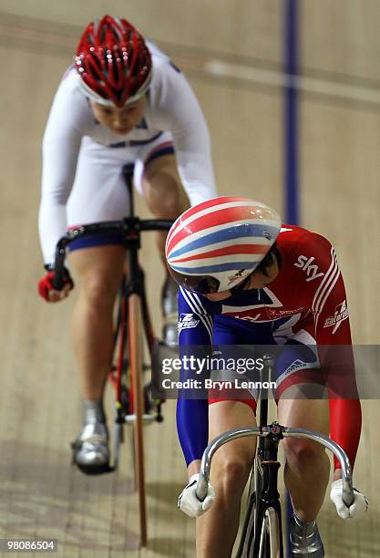 Victoria Pendleton of Great Britainkeeps an eye on Shuang Guo of China in the final of the Women's Sprint on day four of the UCI Track Cycling World...