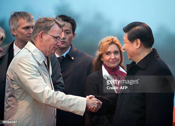 County Governor Lars Backstrom welcomes Vice President of China Xi Jinping at Landvetter Airport outside Gothenburg, Sweden, on March 27, 2010. Xi...