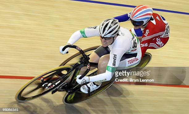 Victoria Pendleton of Great Britain competes against Anna Meares of Australia in the semi-final of the Women's Sprint on day four of the UCI Track...