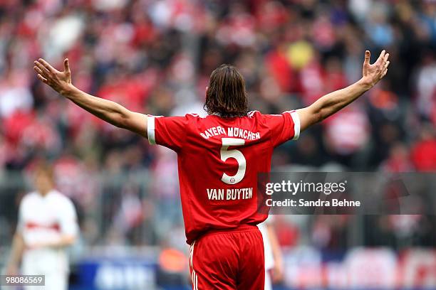 Daniel van Buyten of Bayern Muenchen reacts during the Bundesliga match between FC Bayern Muenchen and VfB Stuttgart at Allianz Arena on March 27,...