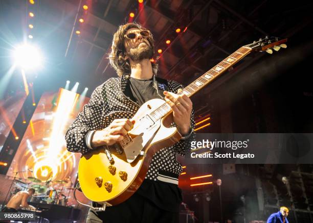 Guitarist D. Wayne Sermon of Imagine Dragons performs during their Evolve World Tour 2018 at DTE Energy Music Theater on June 21, 2018 in Clarkston,...