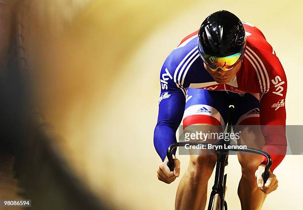 Sir Chris Hoy of Great Britain in action during qualifying for the Men's Sprint on day four of the UCI Track Cycling World Championships at the...