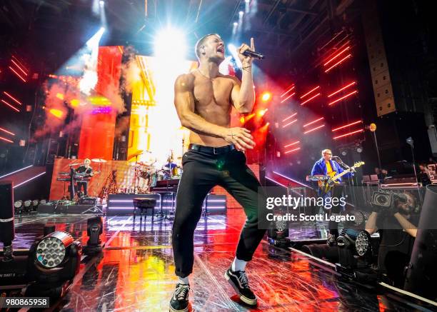 Dan Reynolds of Imagine Dragons performs during their Evolve World Tour 2018 at DTE Energy Music Theater on June 21, 2018 in Clarkston, Michigan.