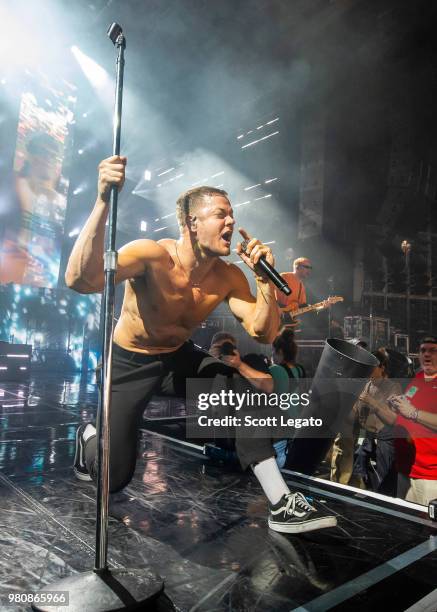 Dan Reynolds of Imagine Dragons performs during their Evolve World Tour 2018 at DTE Energy Music Theater on June 21, 2018 in Clarkston, Michigan.