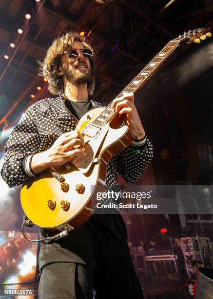 Guitarist D. Wayne Sermon of Imagine Dragons performs during their Evolve World Tour 2018 at DTE Energy Music Theater on June 21, 2018 in Clarkston,...