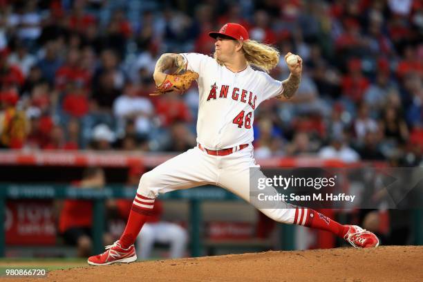 John Lamb of the Los Angeles Angels of Anaheim pitches during the second inning of a game against the Toronto Blue Jays at Angel Stadium on June 21,...