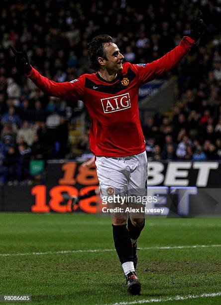 Dimitar Berbatov of Manchester United celebrates scoring his team's second goal during the Barclays Premier League match between Bolton Wanderers and...