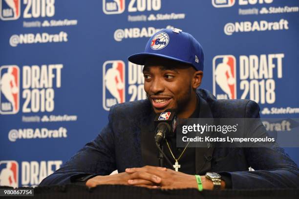 Mikal Bridges speaks to the media after being selected tenth overall at the 2018 NBA Draft on June 21, 2018 at the Barclays Center in Brooklyn, New...