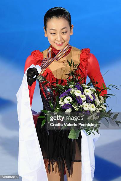 Mao Asada of Japan poses with her gold medal after winning the Ladies Free Skate during the 2010 ISU World Figure Skating Championships on March 27...