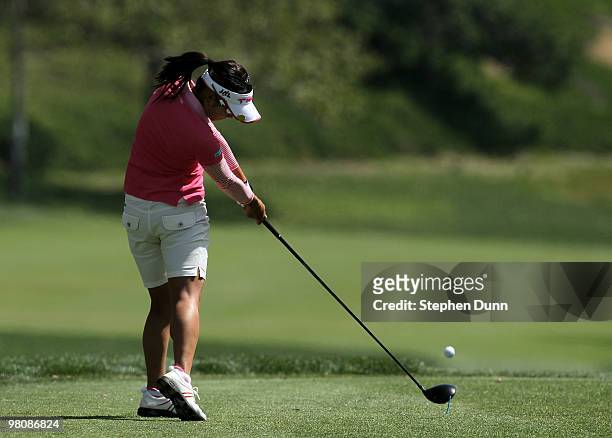 Ai Miyazato of Japan hits her tee shot on the third hole during the third round of the Kia Classic Presented by J Golf at La Costa Resort and Spa on...