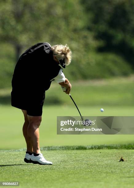 Laura Davies of England hits her tee shot on the third hole during the third round of the Kia Classic Presented by J Golf at La Costa Resort and Spa...