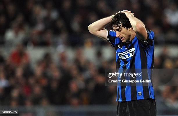 Diego Milito of Inter after the Serie A match between AS Roma and FC Internazionale Milano at Stadio Olimpico on March 27, 2010 in Rome, Italy.