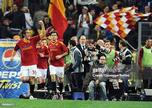 Luca Toni of Roma celebrates after scoring the winning goal during the Serie A match between AS Roma and FC Internazionale Milano at Stadio Olimpico...
