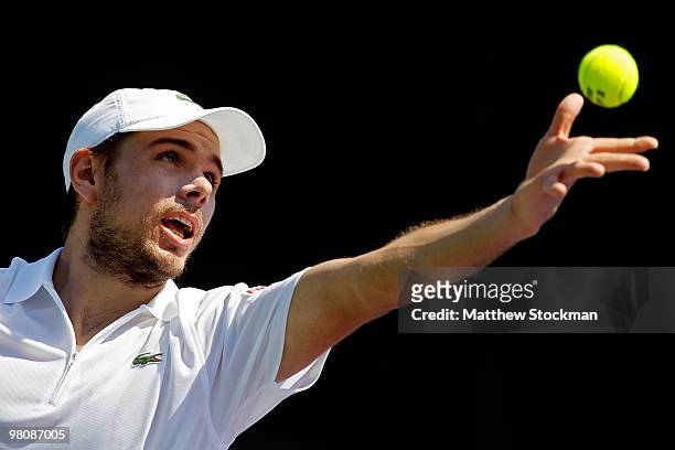 Stanislas Wawrinka of Switzerland serves against Kevin Anderson of South Africa during day five of the 2010 Sony Ericsson Open at Crandon Park Tennis...