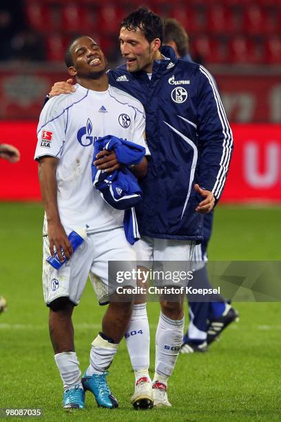 Jefferson Farfan and Kevin Kuranyi of Schalke celebrate the 2:0 victory after the Bundesliga match between Bayer Leverkusen and FC Schalke 04 at the...