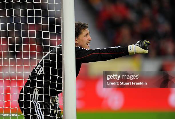 Goalkeeper Rene Adler of Leverkusen gestures during the Bundesliga match between Bayer 04 Leverkusen and FC Schalke 04 at BayArena on March 27, 2010...