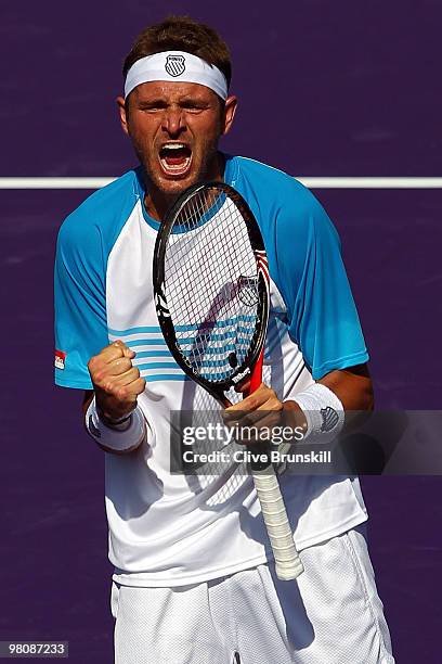 Mardy Fish of the United States reacts after defeating Andy Murray of Great Britain during day five of the 2010 Sony Ericsson Open at Crandon Park...