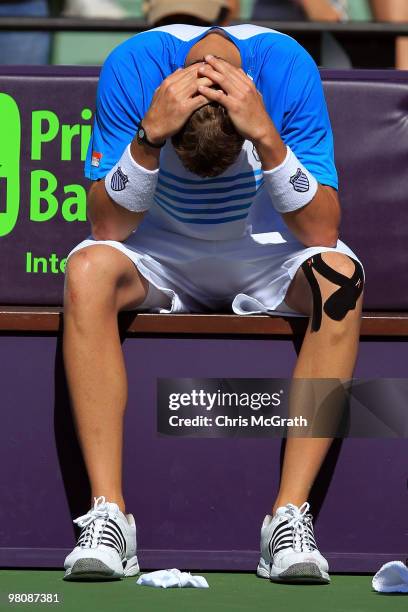 Andy Murray of Great Britain reacts after losing against Mardy Fish of the United States during day five of the 2010 Sony Ericsson Open at Crandon...