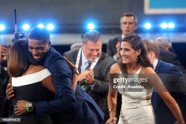 Mikal Bridges reacts after being drafted tenth overall by the Philadelphia 76ers during the 2018 NBA Draft in Barclays Center in New York, United...