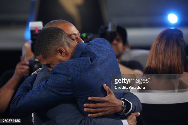 Mikal Bridges reacts after being drafted tenth overall by the Philadelphia 76ers during the 2018 NBA Draft in Barclays Center in New York, United...