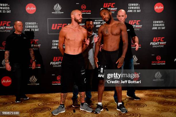 Opponents Donald Cerrone of the United States and Leon Edwards of Jamaica pose for the media during the UFC Fight Night weigh-in at the Mandarin...