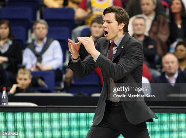 Head coach Thorsten Leibenath of Quakenbrueck reacts during the Beko Basketball Bundesliga match between Alba Berlin and Artland Dragons at O2 World...