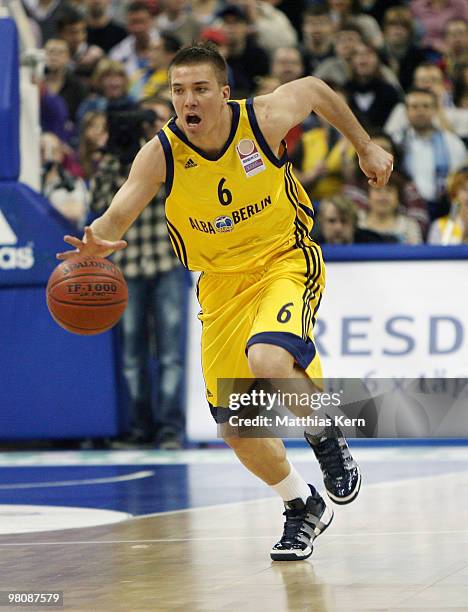 Steffen Hamann of Berlin runs with the ball during the Beko Basketball Bundesliga match between Alba Berlin and Artland Dragons at O2 World stadium...