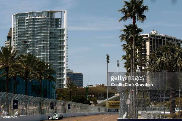 Tony Kanaan of Brazil, driver of the Team 7-Eleven Andretti Autosport Dallara Honda drives during qualifying for the IndyCar Series Honda Grand Prix...