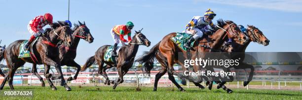 Mussoorie Magic ridden by Brad Rawiller wins the Community Sector Banking Maiden Plate at Geelong Racecourse on June 22, 2018 in Geelong, Australia.