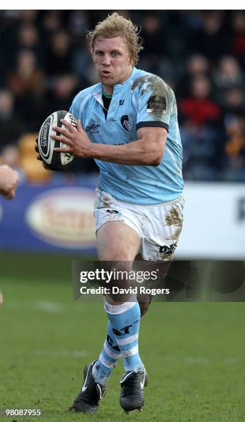 Lewis Moody of Leicester runs with the ball during the Guinness Premiership match between Worcester Warriors and Leicester Tigers at Sixways on March...