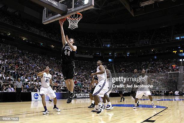 Andrew Smith of the Butler Bulldogs shoots against the Kansas State Wildcats during the west regional final of the 2010 NCAA men's basketball...