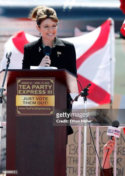 Former Alaska Gov. Sarah Palin speaks at the Tea Party Express' "Showdown in Searchlight," rally March 27, 2010 in Searchlight, Nevada. The rally,...