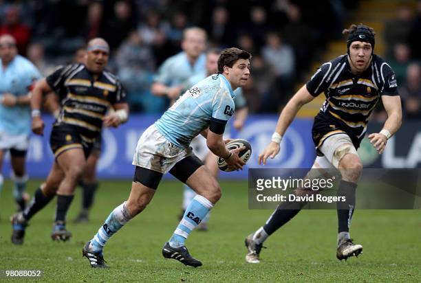 Ben Youngs of Leicester passes the ball during the Guinness Premiership match between Worcester Warriors and Leicester Tigers at Sixways on March 27,...