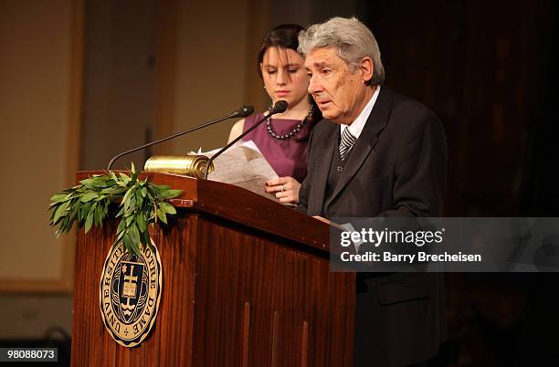 Translator Marie Anne Cross and winner Rafael Manzano Martos accepts the Richard H. Driehaus Prize at the 2010 Richard H. Driehaus Prize and Henry...