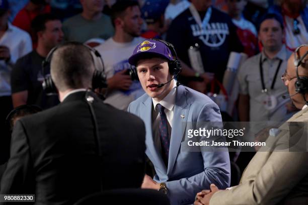 Moe Wagner talks with media after being selected twenty-fifth overall by the Los Angeles Lakers during the 2018 NBA Draft on June 21, 2018 at...