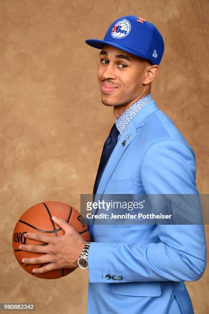 Zhaire Smith poses for a portrait after being drafted by the Philadelphia 76ers during the 2018 NBA Draft on June 21, 2018 at Barclays Center in...