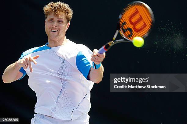 Michael Berrer of Germany returns a shot against Feliciano Lopez of Spain during day five of the 2010 Sony Ericsson Open at Crandon Park Tennis...