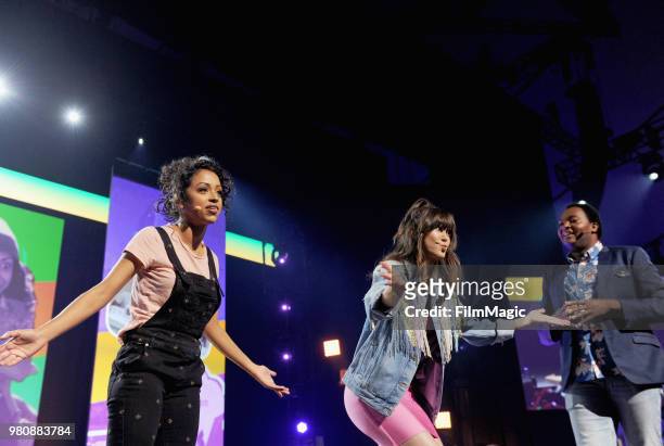 Liza Koshy, Kimiko Glenn, and Travis Coles appear at YouTube OnStage during VidCon at the Anaheim Convention Center Arena on June 21, 2018 in...