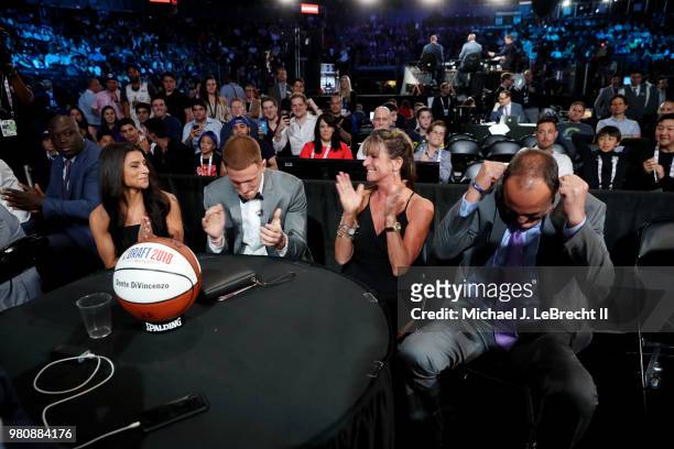 Donte DiVincenzo reacts after being selected seventeenth by the Milwaukee Bucks on June 21, 2018 at Barclays Center during the 2018 NBA Draft in...