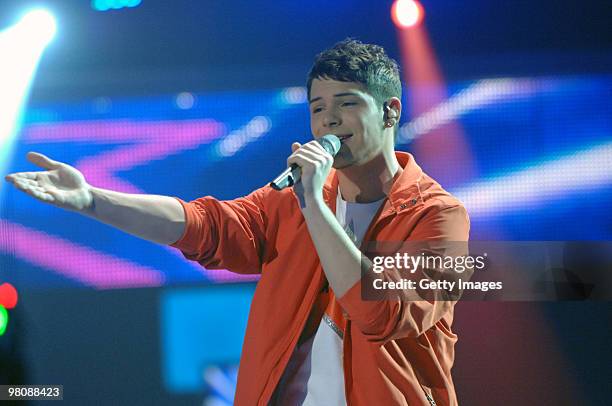 Manuel Hoffmann performs during the 6. Show of the TV show 'Deutschland sucht den Superstar ' on March 27, 2010 in Cologne, Germany.