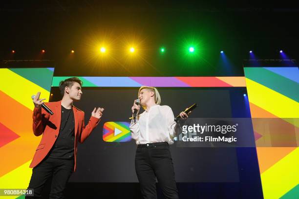 Sam Tsui and Hannah Hart appear at YouTube OnStage during VidCon at the Anaheim Convention Center Arena on June 21, 2018 in Anaheim, California.