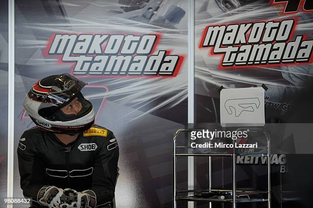 Makoto Tamada of Japan and Team Reitwagen BMW looks on in box during the Superbike World Championship round two at Algarve Motor Park on March 27,...