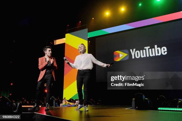 Sam Tsui and Hannah Hart appear at YouTube OnStage during VidCon at the Anaheim Convention Center Arena on June 21, 2018 in Anaheim, California.