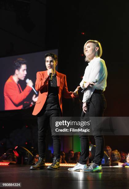 Sam Tsui and Hannah Hart appear at YouTube OnStage during VidCon at the Anaheim Convention Center Arena on June 21, 2018 in Anaheim, California.