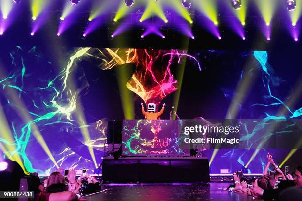 Marshmello appears at YouTube OnStage during VidCon at the Anaheim Convention Center Arena on June 21, 2018 in Anaheim, California.